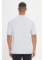 AC&Co / Altınyıldız Classics Pánské světle šedé tričko s dlouhým střihem slim fit, kulatý výstřih 100% bavlna s potiskem.