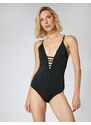 Koton V-Neck Swimsuit with Thin Straps Piping Detailed Coated