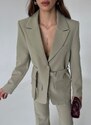 Laluvia Light Khaki Design Belted Blazer Jacket