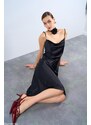 Laluvia Black Thin Strap Flounce Satin Dress