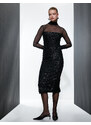 Koton Pencil Dress Maxi Length Sequin Embroidered Tulle Detail Long Sleeve High Neck