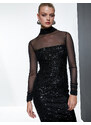 Koton Pencil Dress Maxi Length Sequin Embroidered Tulle Detail Long Sleeve High Neck