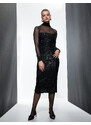 Koton Pencil Dress Maxi Length Sequin Embroidered Tulle Detail Long Sleeve High Neck