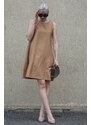 Madmext Beige Zero Sleeve Loose Linen Dress