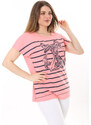 Şans Women's Plus Size Pink Crew Neck Front Patterned Short Sleeve Blouse