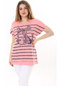 Şans Women's Plus Size Pink Crew Neck Front Patterned Short Sleeve Blouse