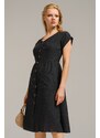 armonika Women's Smoked Patterned V-Neck Button Down Midi Length Dress