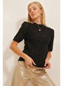 Trend Alaçatı Stili Women's Black Crew Neck Hole Openwork Half Sleeve Knitwear Sweater