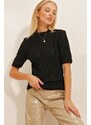 Trend Alaçatı Stili Women's Black Crew Neck Hole Openwork Half Sleeve Knitwear Sweater