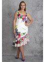 Şans Women's Plus Size Bone V-neck, Floral Pattern Lined Dress with Flounces at the Hem