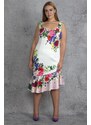 Şans Women's Plus Size Bone V-neck, Floral Pattern Lined Dress with Flounces at the Hem