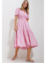Trend Alaçatı Stili Women's Pink Double Breasted Waist Gimped Walloon Woven Poplin Dress