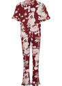 Trendyol Burgundy-Multi Color 100% Cotton Floral Ruffle Detail Knitted Pajamas Set