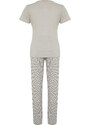 Trendyol Gray Slogan Printed Striped Knitted Pajamas Set