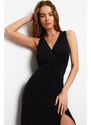 Trendyol Black Patterned Gathered Double Breasted V Neck Flexible Knitted Midi Dress