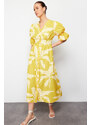 Trendyol Yellow V-Neck Floral Pattern Half Balloon Sleeve Woven Shirt Dress