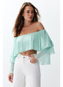 Trendyol Mint Ruffle Detail Long Sleeve Lined Crop/Short Knitted Blouse