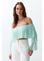 Trendyol Mint Ruffle Detail Long Sleeve Lined Crop/Short Knitted Blouse