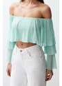 Trendyol Mint Ruffle Detail Long Sleeve Lined Crop/Short Knitted Blouse