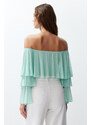 Trendyol Mint Ruffle Detail Long Sleeve Lined Crop/Short Knitted Blouse