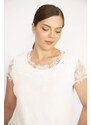 Şans Women's Bone Plus Size Cotton Fabric Collar And Sleeves Lace Blouse