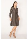 Şans Women's Black Shirt Collar Front Half Length Buttoned Patterned Viscose Dress