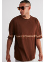 Trendyol Brown Oversize/Wide-Fit Embroidered 100% Cotton T-Shirt