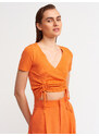 Dilvin 10194 Double-breasted Collar Pleated Front Tricot Crop-orange