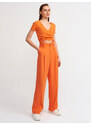 Dilvin 10194 Double-breasted Collar Pleated Front Tricot Crop-orange