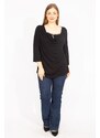 Şans Women's Black Plus Size Slip-On Collar Blouse With Stone Detail On The Inner Collar