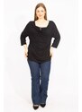 Şans Women's Black Plus Size Slip-On Collar Blouse With Stone Detail On The Inner Collar