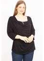 Şans Women's Black Plus Size Slip-On Collar Blouse With Stone Detail On The Inner Collar