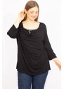 Şans Women's Black Plus Size Slip-On Collar Blouse With Stone Detail On The Inner Collar