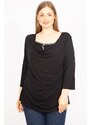 Şans Women's Black Plus Size Slip-On Collar Blouse With Stone Detail On The Inner Collar