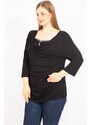 Şans Women's Black Plus Size Slip-On Collar Blouse With Stone Detail On The Inner Collar