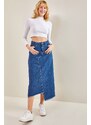 Bianco Lucci Women's Asymmetrical Tasseled Denim Skirt