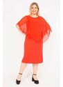 Şans Women's Red Plus Size Chiffon Dress with Cape