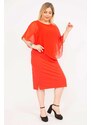 Şans Women's Red Plus Size Chiffon Dress with Cape