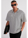 Trendyol Ecru Oversize/Wide Cut Limited Edition Striped Textured Polo Collar T-shirt