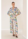 By Saygı Elastic Waist Pocket Palazzo Trousers Front Back V Neck Crop Floral Double Suit