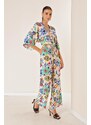 By Saygı Elastic Waist Pocket Palazzo Trousers Front Back V Neck Crop Floral Double Suit