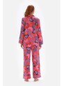 Dagi Pomegranate Flower Patterned Shirt Collar Satin Pajama Top