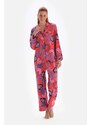 Dagi Pomegranate Flower Patterned Shirt Collar Satin Pajama Top