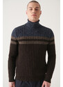 Avva Men's Brown Full Turtleneck Block Colored Regular Fit Woolen Sweater