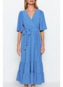 Trendyol Indigo Belted Woven Double Breasted Neck Back Detail Midi Woven Dress