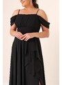 By Saygı Rope Straps Frill Front Low Sleeve Lined Plus Size Chiffon Dress