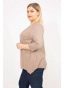 Şans Women's Mink Plus Size Lace Detailed Back Capri Sleeve Cardigan