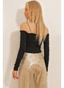 Trend Alaçatı Stili Women's Black Boat Collar Rope Strap Detail Lycra Crop Knitted Blouse