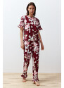 Trendyol Burgundy-Multi Color 100% Cotton Floral Ruffle Detail Knitted Pajamas Set