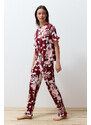 Trendyol Burgundy-Multi Color 100% Cotton Floral Ruffle Detail Knitted Pajamas Set